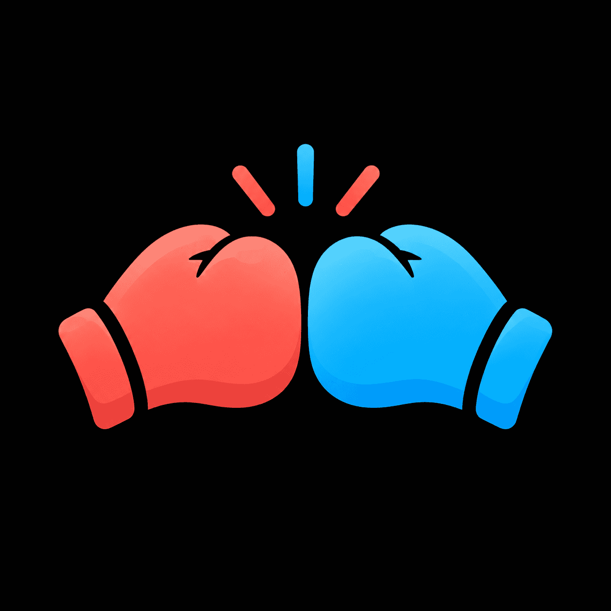 A coral and a blue boxing glove meeting in a friendly fist bump